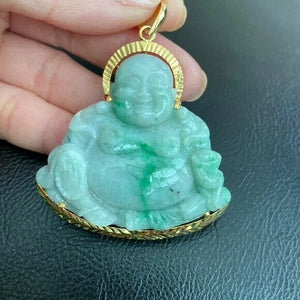 14K Solid Gold Laughing Buddha Buddist Genuine Carving Jade Pendant Large Heavy