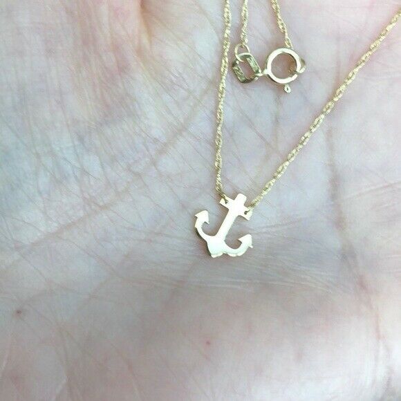 14K Solid Gold Mini Anchor Dainty Necklace -Minimalist Yellow 16"-18" Adjust