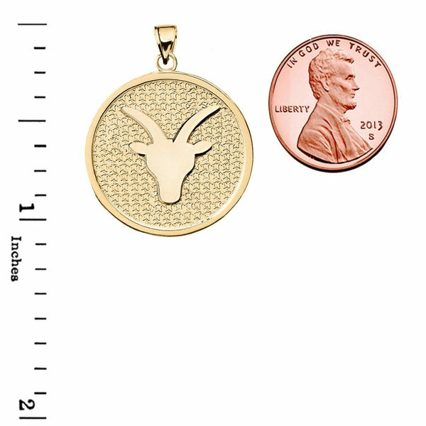 10K Solid Gold Capricorn Zodiac Sign Disc Round Pendant Necklace