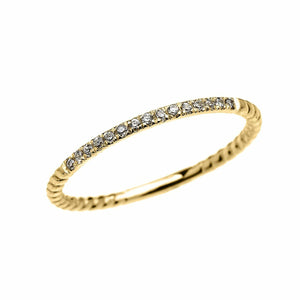 14k Yellow Gold Dainty Diamond Stackable Rope Design Ring