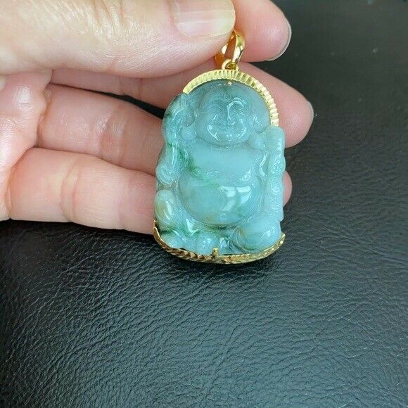 14K Solid Real Gold Natural Jadeite Jade Happy Laughing Buddha Pendant Male Luck