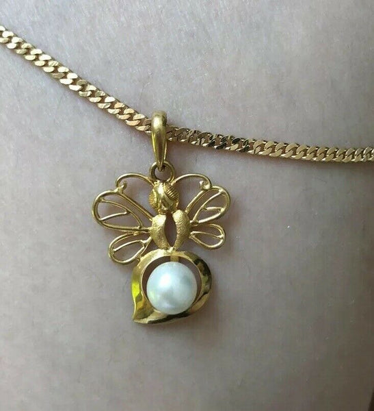 NWT 14K Solid Yellow Gold Butterfly Pearl Pendant