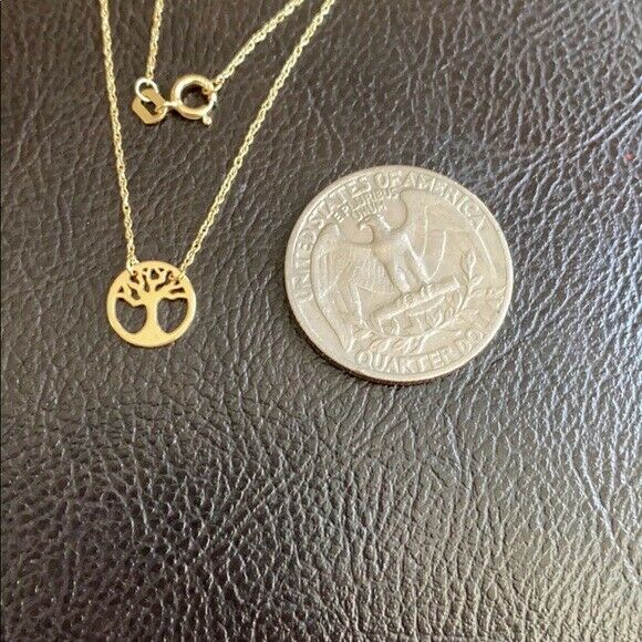 14K Solid Real Gold Cut Out Tree of Life Disk Mini Disc Necklace - Minimalist