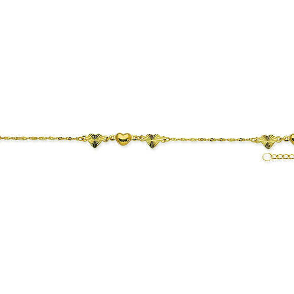 14K Solid Gold Puff Heart DC Station Anklet - Yellow 9"-10" adjustable