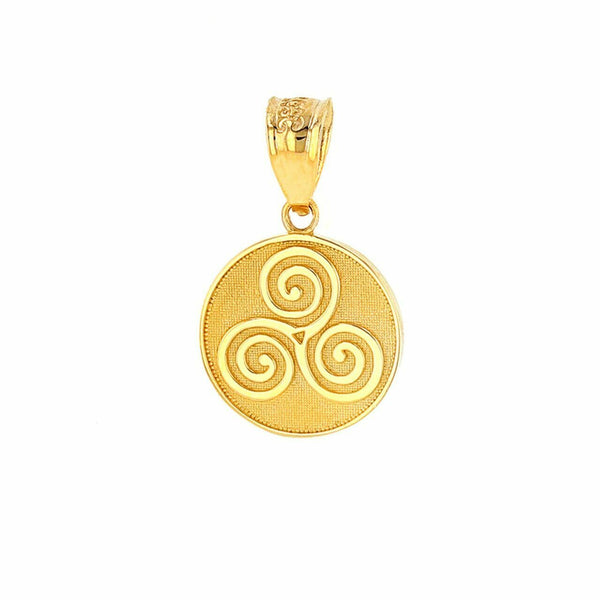 10k Solid Gold Celtic Triple Spiral Triskele Irish Medallion Pendant Necklace