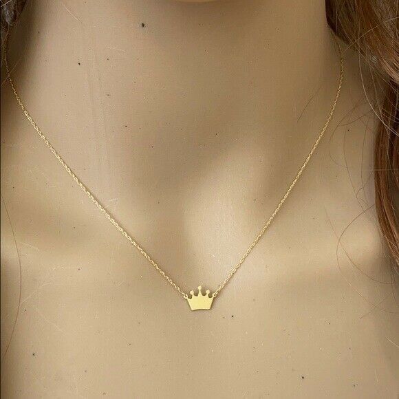14K Solid Real Yellow Gold Mini Small Crown Center Dainty Necklace - 16"-18"