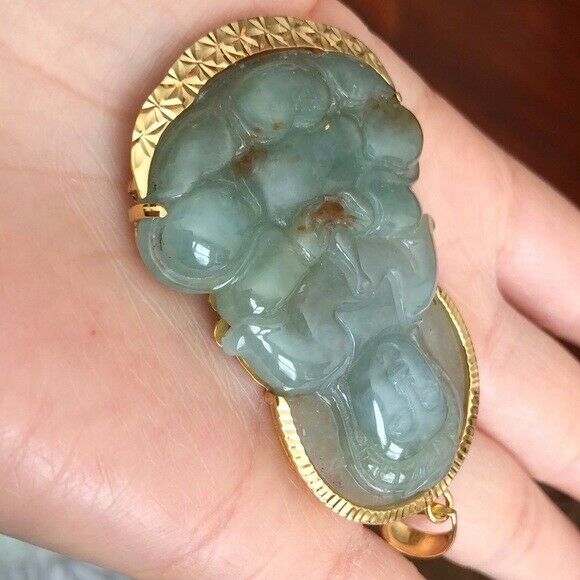 Certified 14K Solid Gold Large Kwan Yin Buddha Natural Jade Pendant - P119