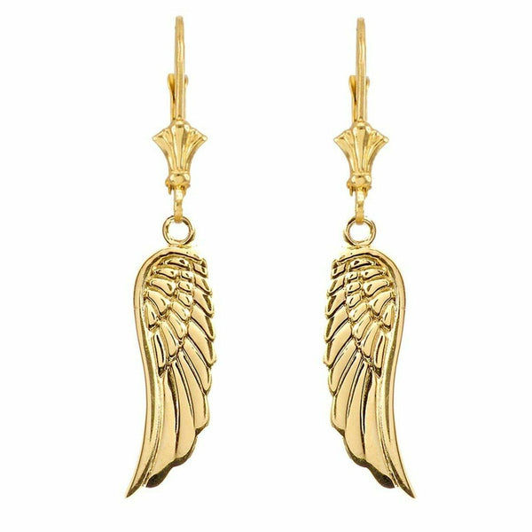 10k Solid Yellow Gold Dangling Angel Wing Leverback Earrings