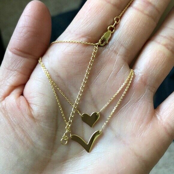 14K Solid Yellow Gold Layer Duo Heart and V Necklace 16"-18" adjust