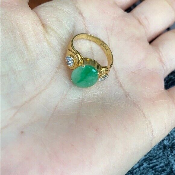 14K Solid Yellow Gold Oval Green Jade CZ Ring Size 5.5