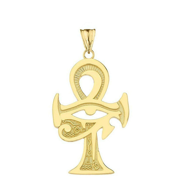 14k Solid Yellow Gold Egyptian Eye of Horus Ankh Cross Pendant Necklace