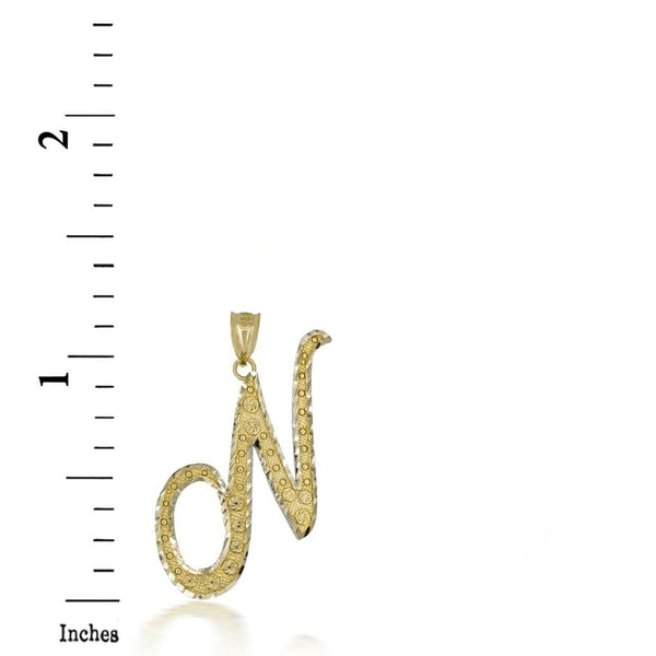 10k Solid Yellow Gold Cursive Initial Letter N Pendant Necklace