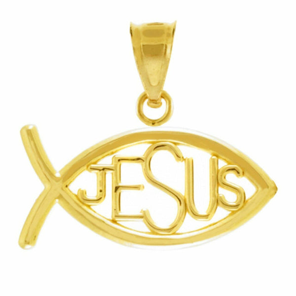 14k Solid Yellow Gold Ichthus Jesus Fish Inscribed Horizontal Pendant Necklace