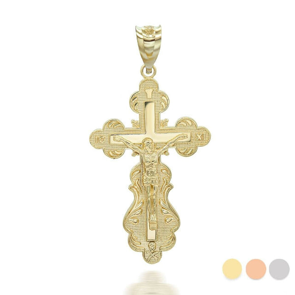 14K Solid Gold Orthodox Crucifix Pendant Necklace - Yellow, Rose, or White Gold