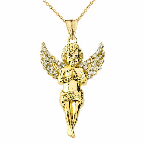 14k Solid Yellow Gold Angel CZ Religious Pendant Necklace