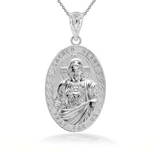925 Sterling Silver 3D Jesus Christ Sacred Heart Narrow Oval Pendant Necklace