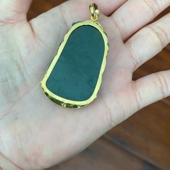 14k Solid Gold Natural Jadeite Jade Kwan Quan Yin Green Female Buddha Pendant