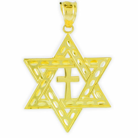 Solid 10k Gold Jewish Star of David Cross Pendant Necklace Medium 1.25" Reserse