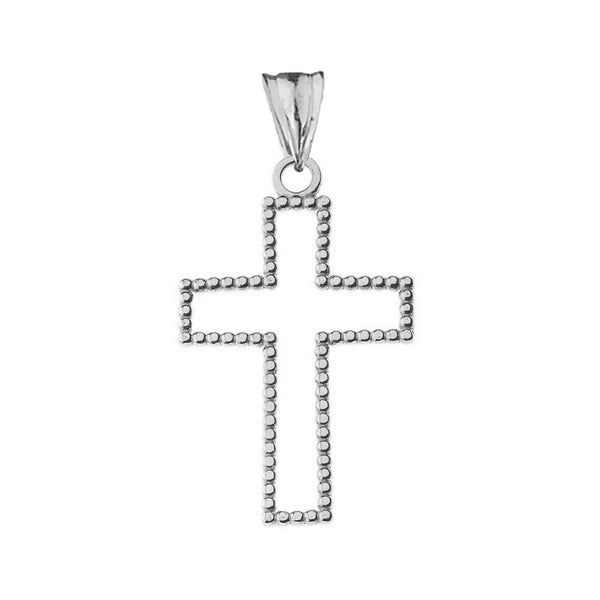 10k or 14k Solid Gold Two Sided Beaded Open Cross 1.2" Pendant Necklace
