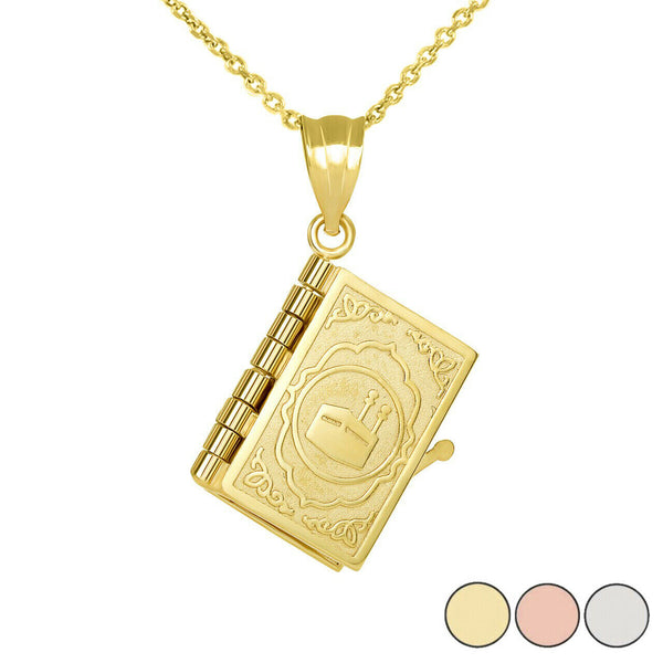 14k Solid Gold 3D Moveable Koran Quran Book Text of Islam Pendant Necklace