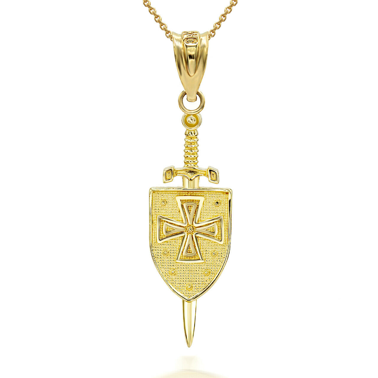 14K Solid Yellow Gold Saint Michael Sword and Shield 3D Pendant Necklace