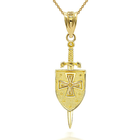 14K Solid Yellow Gold Saint Michael Sword and Shield 3D Pendant Necklace