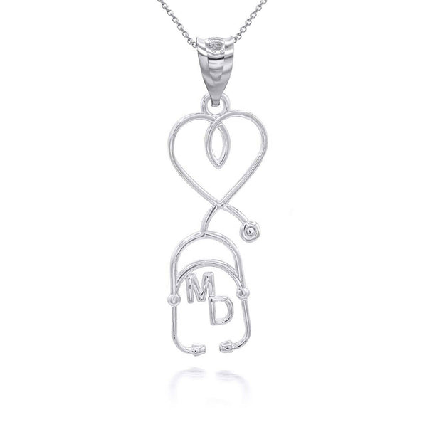 14K Solid Gold Medical Doctor MD Heart Stethoscope Pendant Necklace