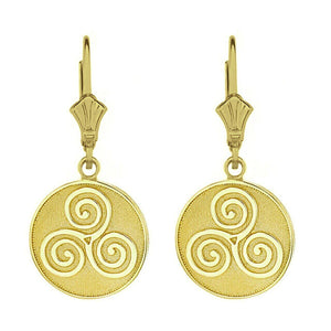 10k Solid Yellow Gold Celtic Triple Spiral Triskele Irish Knot Disc Earring Set