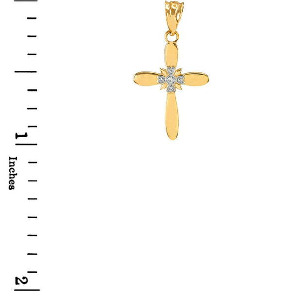 Solid 14k Yellow Gold Dainty Accent Solitaire Diamond Cross Pendant Necklace
