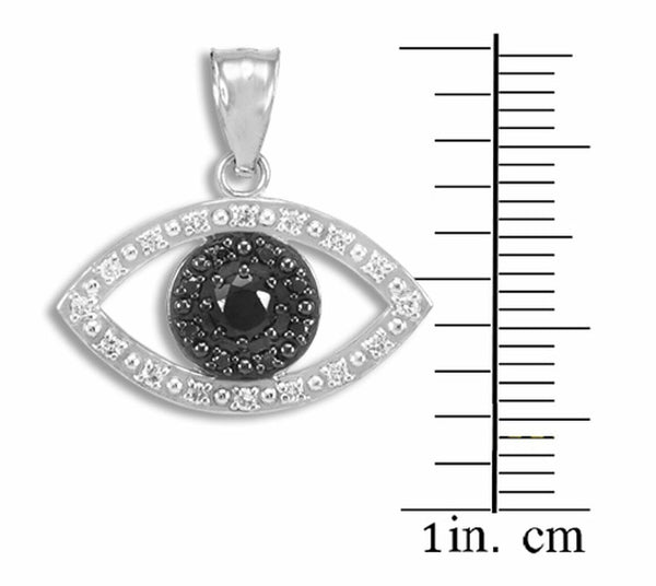 14k Real White Gold Evil Eye with 16 Clear and 8 Black Diamond Pendant Necklace
