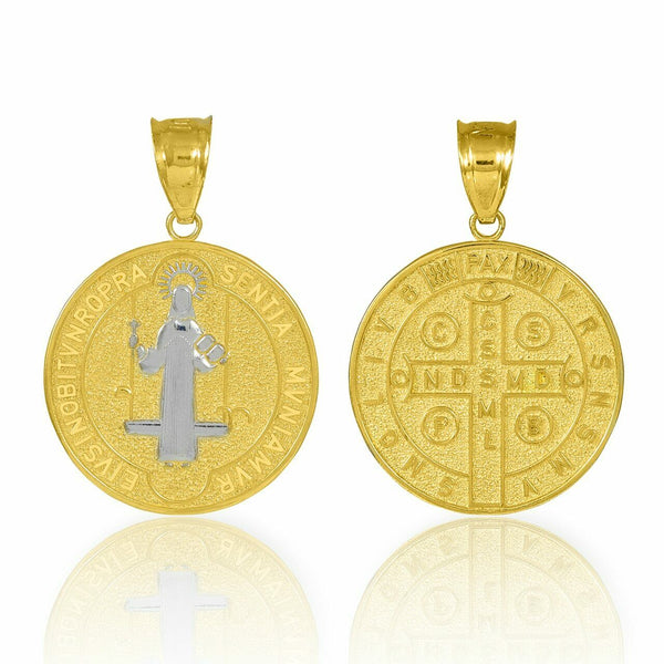 14K Solid Gold Two Tone Reversible St. Benedict Coin Charm Pendant
