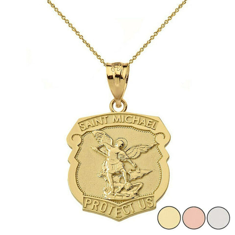 10k Solid Yellow Gold Saint Michael Protect Us Shield Pendant Necklace