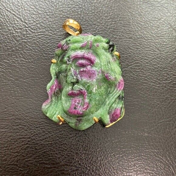 14K Real Solid Gold Natural Ruby Carved Jesus Christ Head Pendant Charm Large