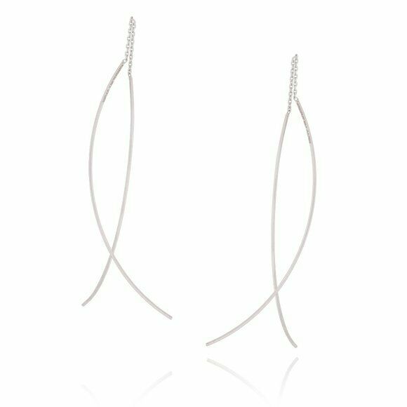 14K Solid Gold Long Curved Wire Threader Earrings - Yellow/  White