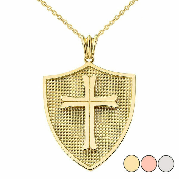 10k or 14k Solid Gold Crusader Shield Cross Pendant Charm Necklace