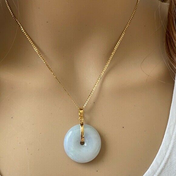 14K Solid Fine Real Yellow Gold Round Donut Natural Jadeite Icy Jade Pendant