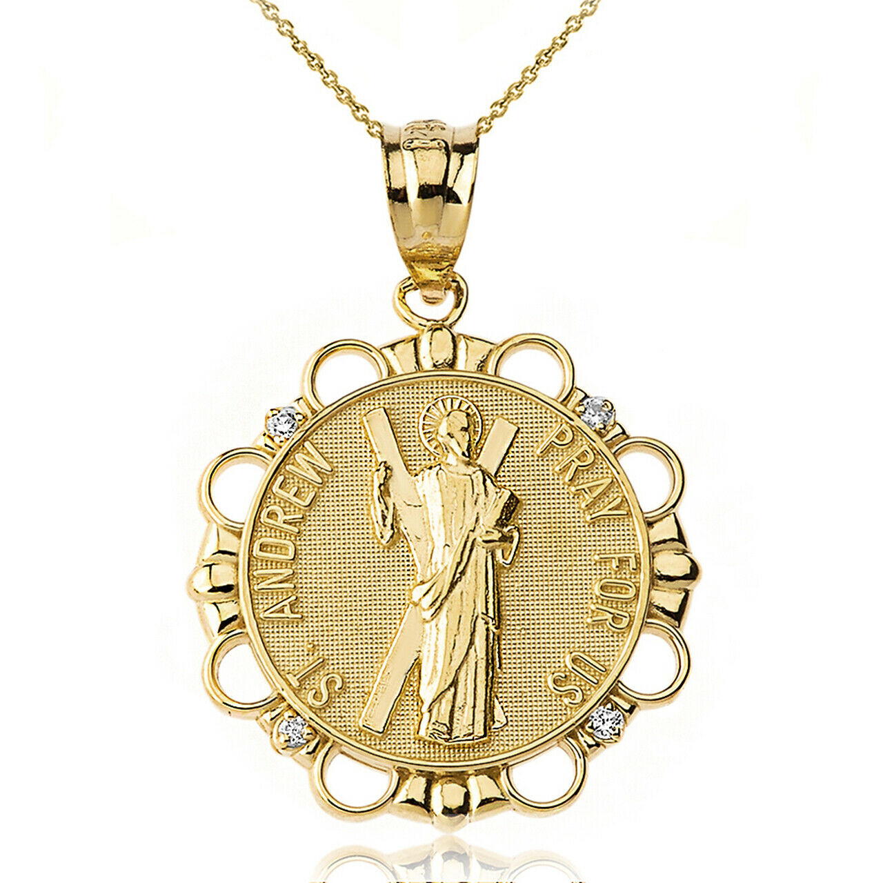 14k Solid Gold Diamond Saint Andrew Pray For Us Circle Pendant Necklace