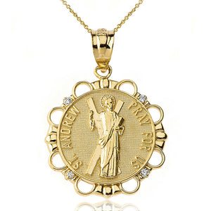 14k Solid Gold Diamond Saint Andrew Pray For Us Circle Pendant Necklace