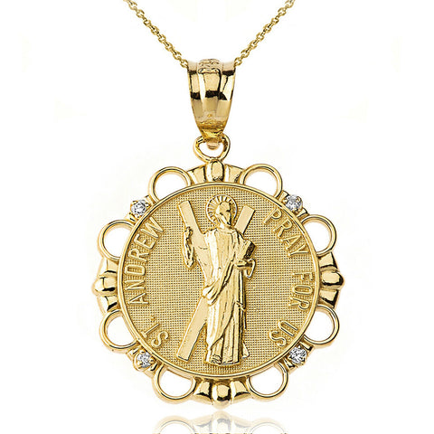 14k Solid Gold Diamond Saint Andrew Pray For Us Circle Pendant Necklace