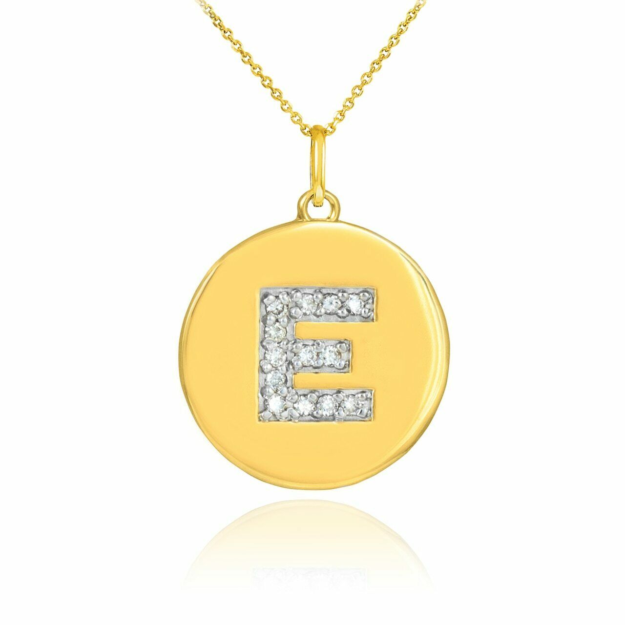 Solid 10k Yellow Gold Letter "E" Initial Diamond Disc Charm Pendant Necklace