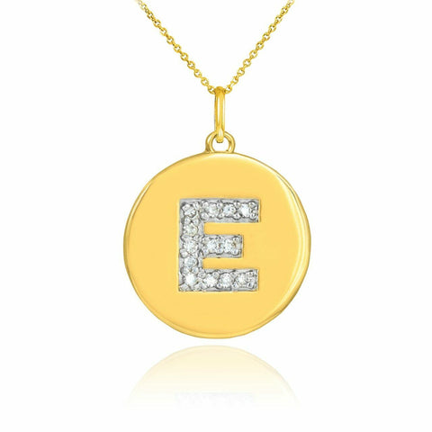 Solid 10k Yellow Gold Letter "E" Initial Diamond Disc Charm Pendant Necklace