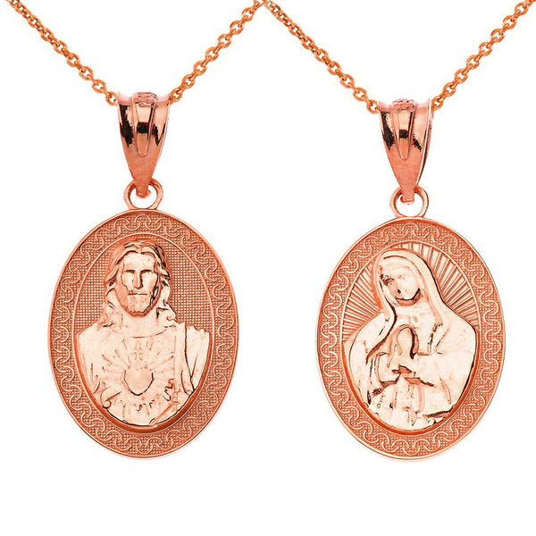 14K Solid Gold Reversible Virgin Mary and Jesus Christ Oval Pendant Necklace