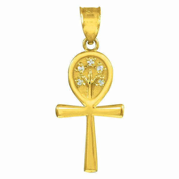 14K Solid Yellow Gold Ankh Cross CZ Tree of Life Pendant Necklace