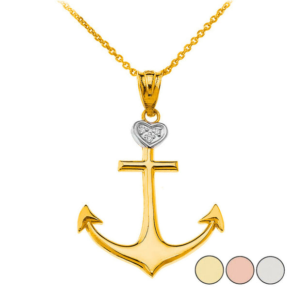 10K Solid Yellow Gold Nautical Ship Boat Anchor Diamond Heart Pendant Necklace