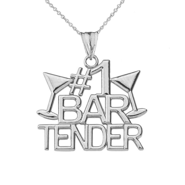 10K Solid Gold #1 Bartender Pendant Necklace - Yellow, Rose, White