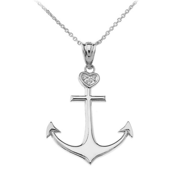 925 Sterling Silver CZ Nautical Ship Boat Anchor Heart Pendant Necklace