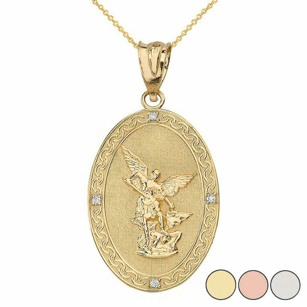 14k Solid Real Gold Diamond Archangel Michael Prayer Large Oval Pendant Necklace