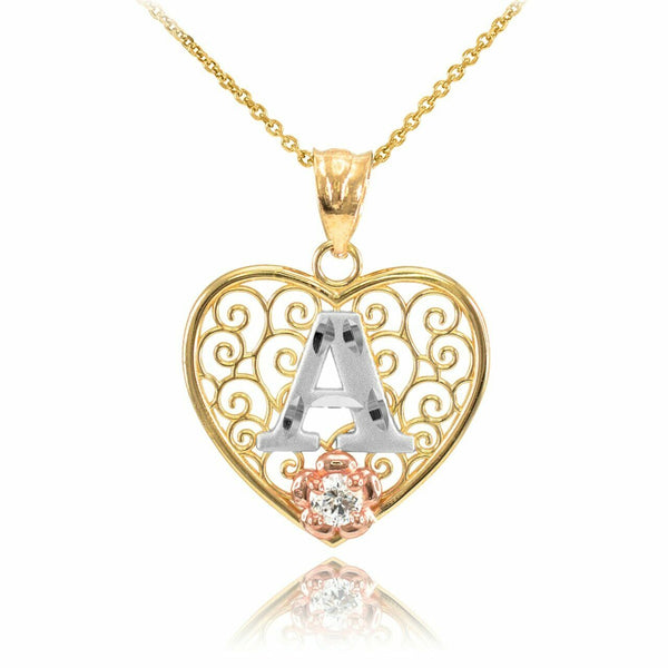 10k Solid Gold Initial Letter A Heart Filigree CZ Pendant Necklace