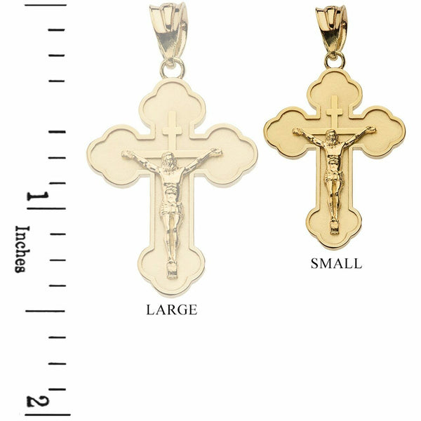 Solid Gold 10K Double Sided Eastern Orthodox Russian Crucifix S Pendant Necklace