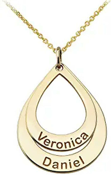 Personalized Name 10k, 14k Solid Gold Duo Teardrop Pendant Necklace